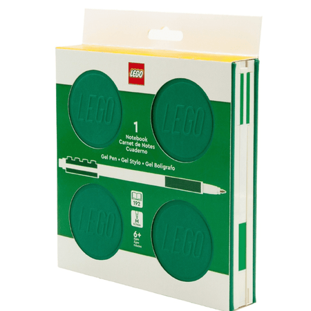 Caderno LEGO com elástico e caneta gel verde - Papelaria Encantada