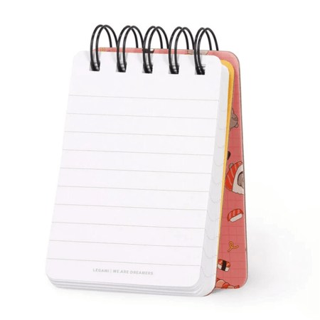 Caderno pautado Legami A7 com capa dura ilustrada - Gato Sushi - Espiral - Papelaria Encantada
