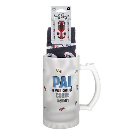 Caneca cerveja + meias - Pai a vida contigo corre melhor - Papelaria Encantada