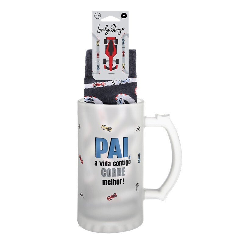 Caneca cerveja + meias - Pai a vida contigo corre melhor - Papelaria Encantada