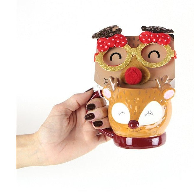 Caneca de Natal Rena + Óculos - Papelaria Encantada