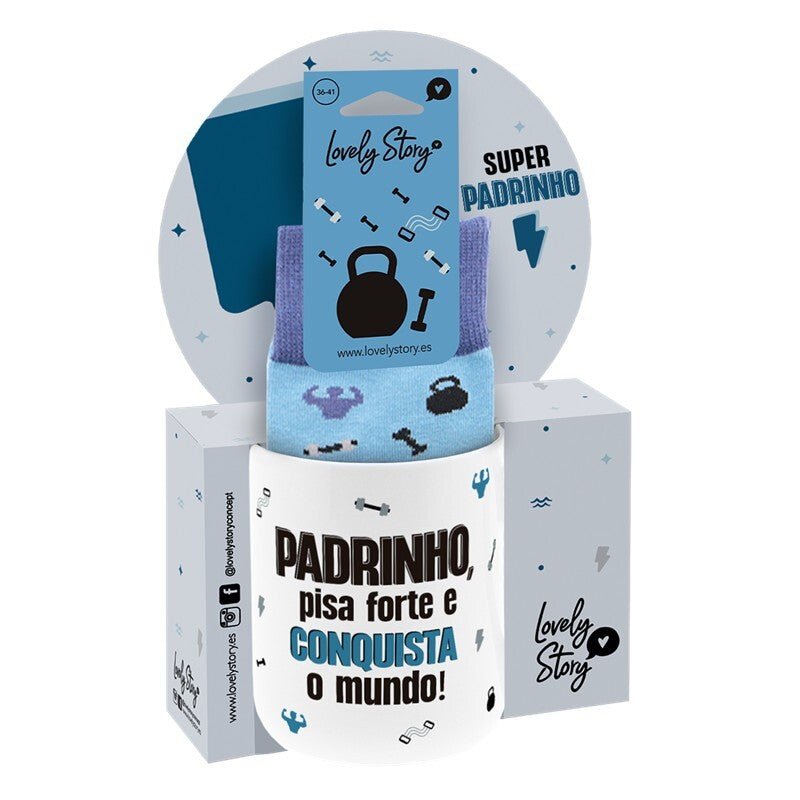 Caneca + meias Padrinho pisa forte e conquista o mundo - Papelaria Encantada