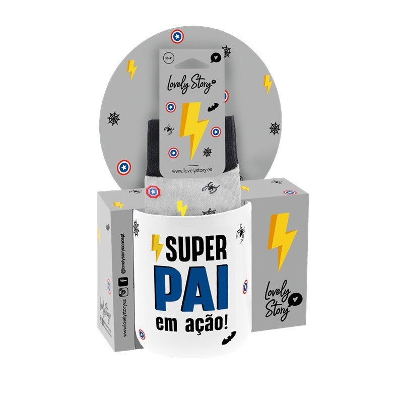 Caneca + meias - Super Pai em Ação - Papelaria Encantada