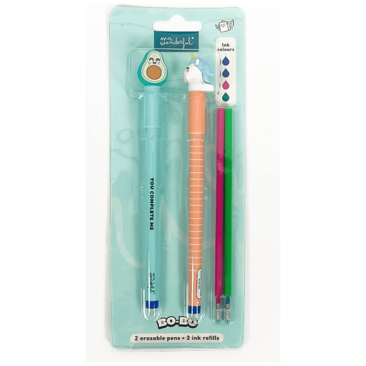 Conjunto 2 canetas apagáveis Abacate e Unicórnio + 2 recargas Mr.wonderful - Papelaria Encantada