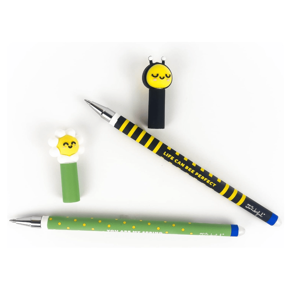 Conjunto 2 canetas apagáveis Abelha e Margarida + 2 recargas Mr.wonderful - Papelaria Encantada