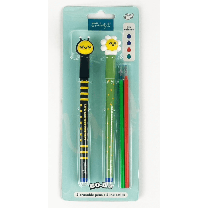 Conjunto 2 canetas apagáveis Abelha e Margarida + 2 recargas Mr.wonderful - Papelaria Encantada