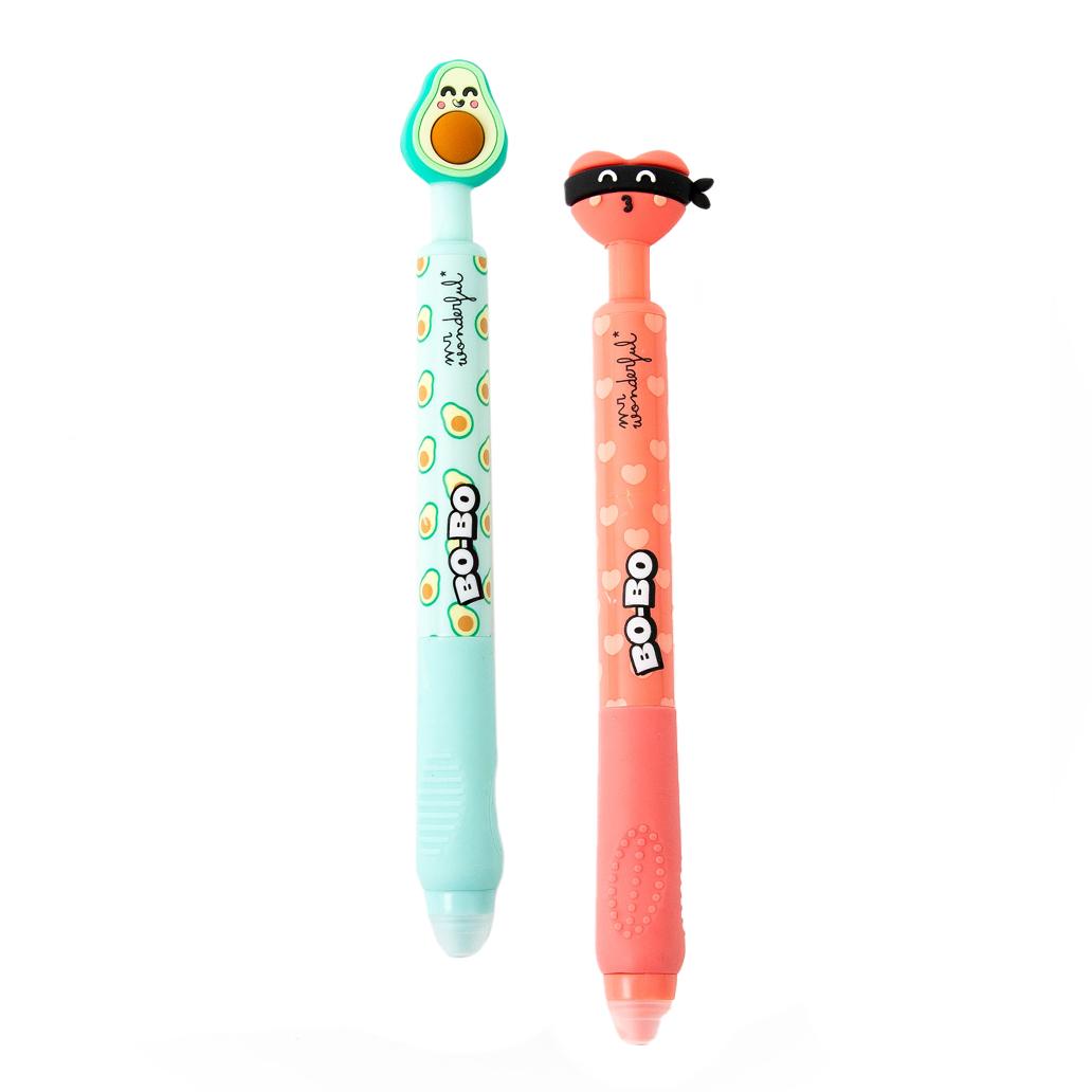 Conjunto 2 canetas apagáveis Bo - Bo Click - Abacate e Coração bandido Mr.wonderful - Papelaria Encantada