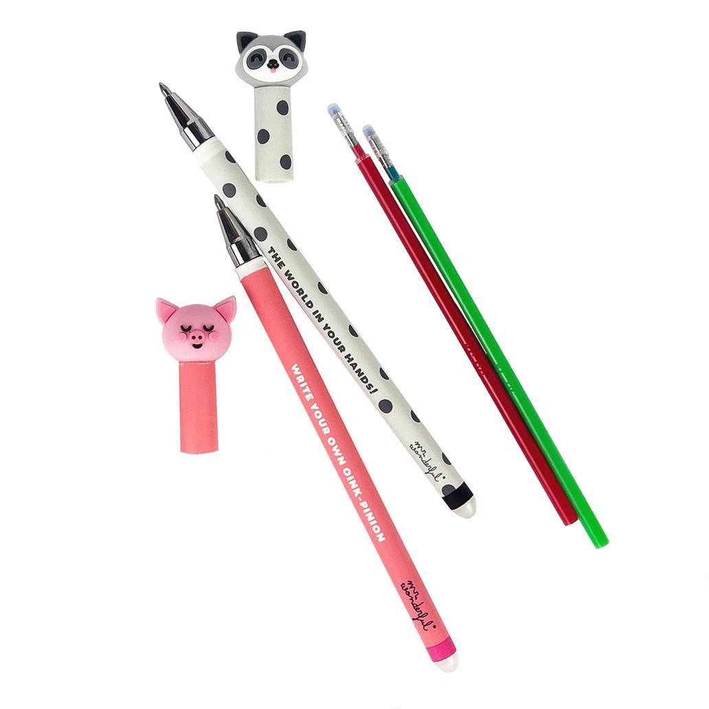 Conjunto 2 canetas apagáveis Porco e Guaxinim Mr.wonderful - Papelaria Encantada