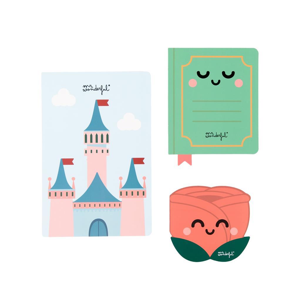 Conjunto 3 Cadernos bloco de notas com Aroma - Castelo, Livro e Rosa Mr. Wonderful - Papelaria Encantada