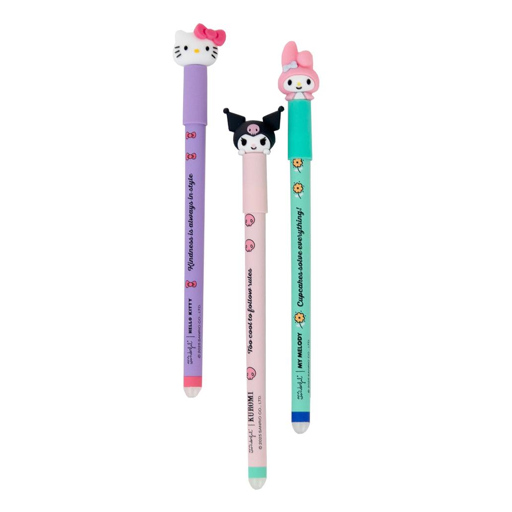 Conjunto 3 canetas apagáveis Bo - Bo Hello Kitty, My Melody e Kuromi Mr.Wonderful - Papelaria Encantada