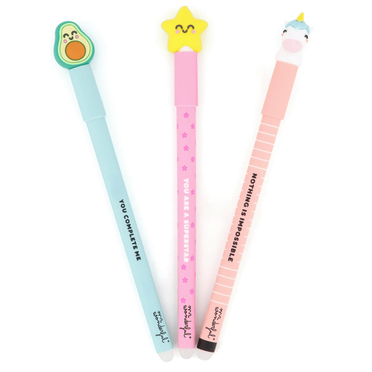 Conjunto 3 canetas apagáveis Mr. Wonderful Unicornio, Abacate, Estrela - Papelaria Encantada