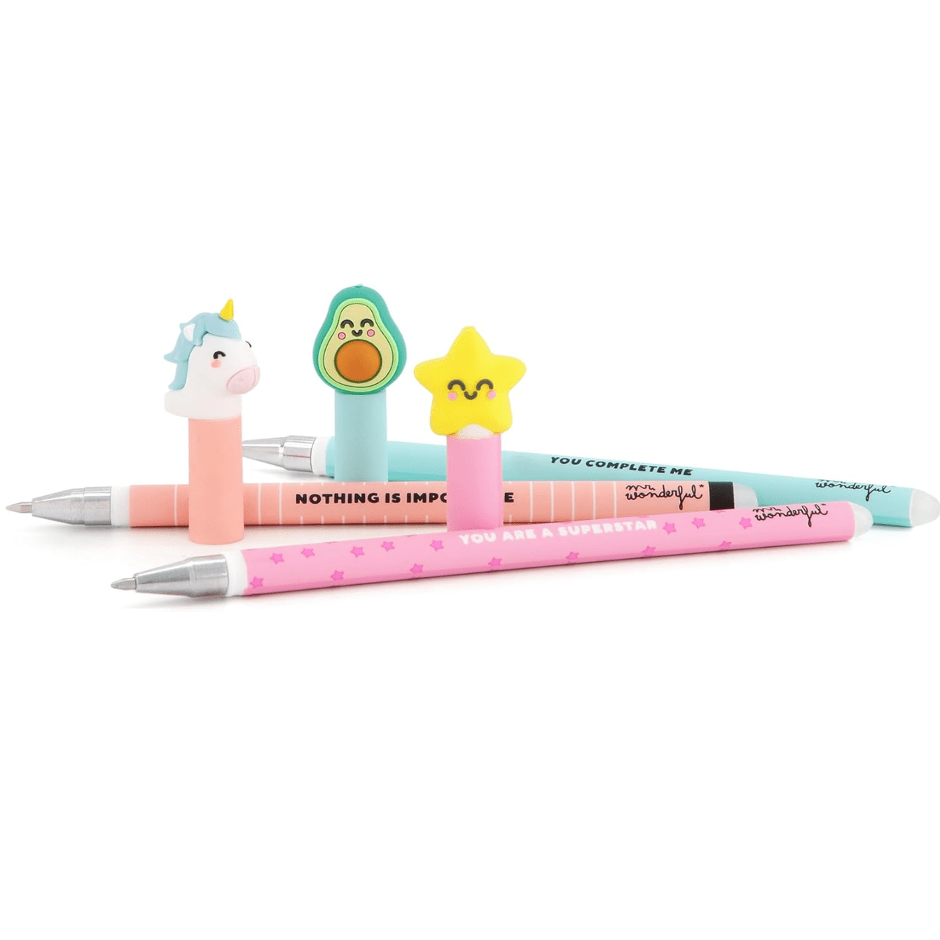 Conjunto 3 canetas apagáveis Mr. Wonderful Unicornio, Abacate, Estrela - Papelaria Encantada