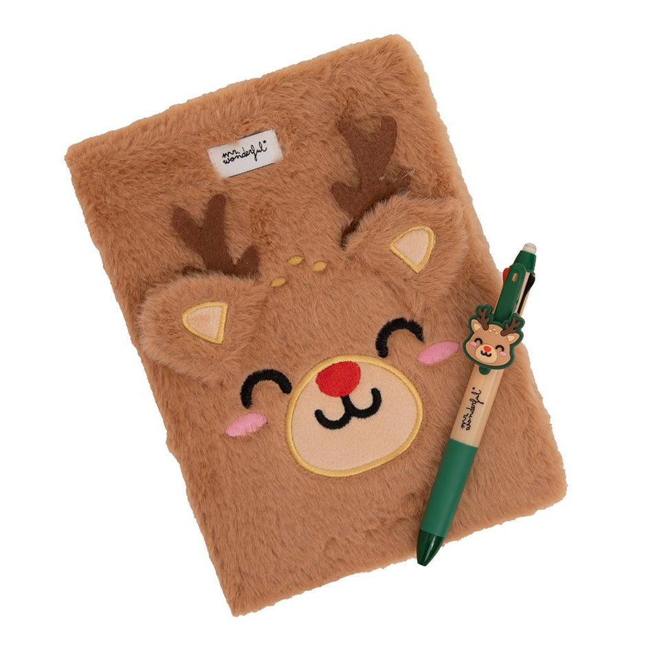 Conjunto caderno A5 fofinho + esferográfica multicolorida - Rena - Papelaria Encantada