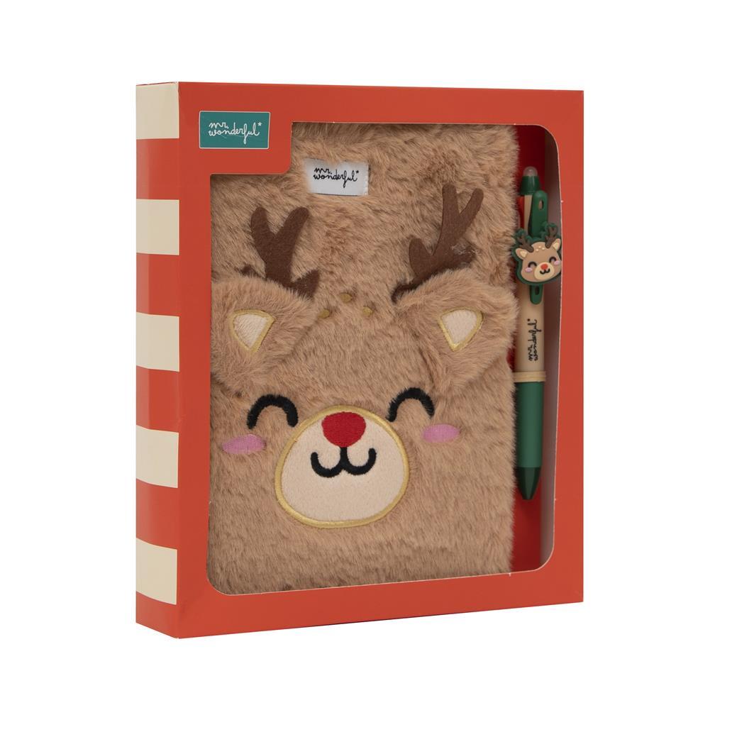 Conjunto caderno A5 fofinho + esferográfica multicolorida - Rena - Papelaria Encantada