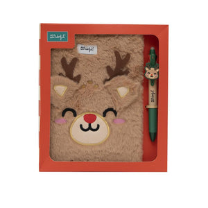 Conjunto caderno A5 fofinho + esferográfica multicolorida - Rena - Papelaria Encantada