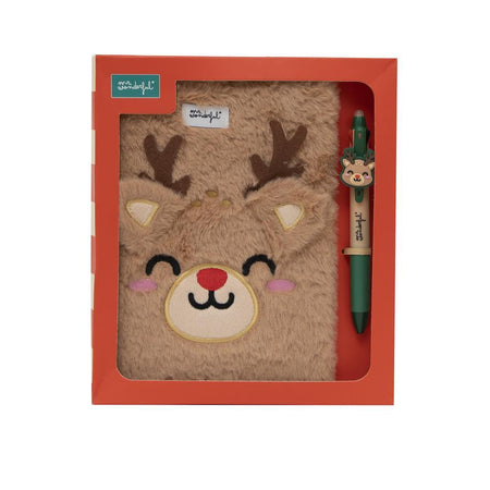 Conjunto caderno A5 fofinho + esferográfica multicolorida - Rena - Papelaria Encantada