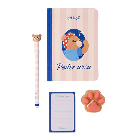 Conjunto Caderno A6 + Porta cartões + Esferográfica apagável Bo - bo Mae Ursa - Mr. Wonderful - Papelaria Encantada