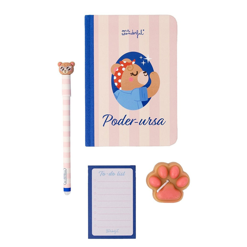Conjunto Caderno A6 + Porta cartões + Esferográfica apagável Bo - bo Mae Ursa - Mr. Wonderful - Papelaria Encantada