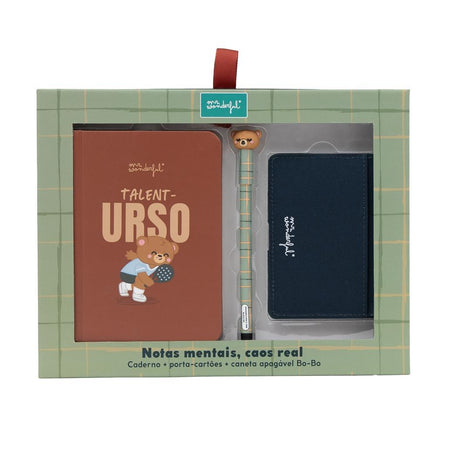 Conjunto Caderno A6 + Porta - cartões + Esferográfica apagável Bo - bo Urso - Talent - oso - Mr. Wonderful - Papelaria Encantada