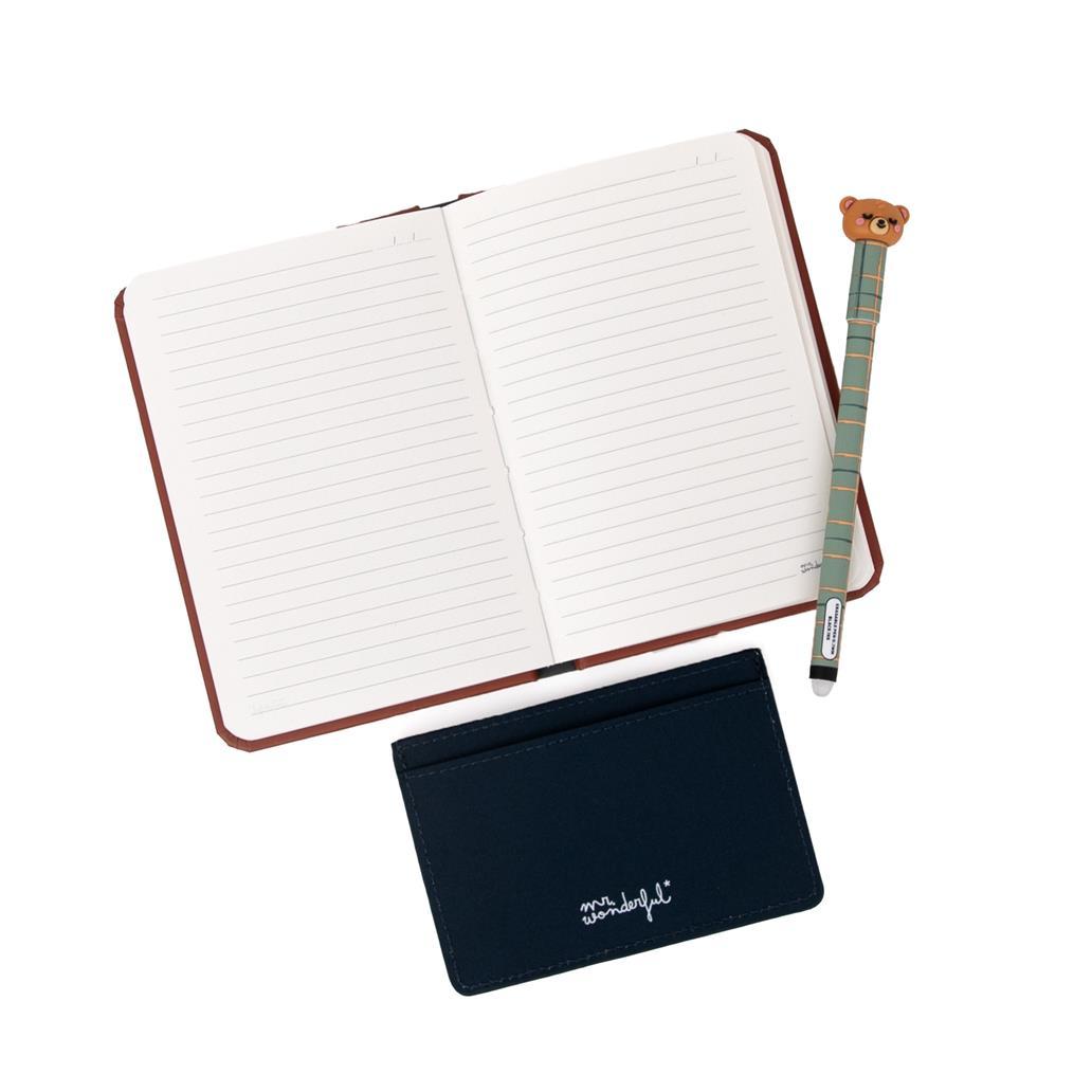 Conjunto Caderno A6 + Porta - cartões + Esferográfica apagável Bo - bo Urso - Talent - oso - Mr. Wonderful - Papelaria Encantada