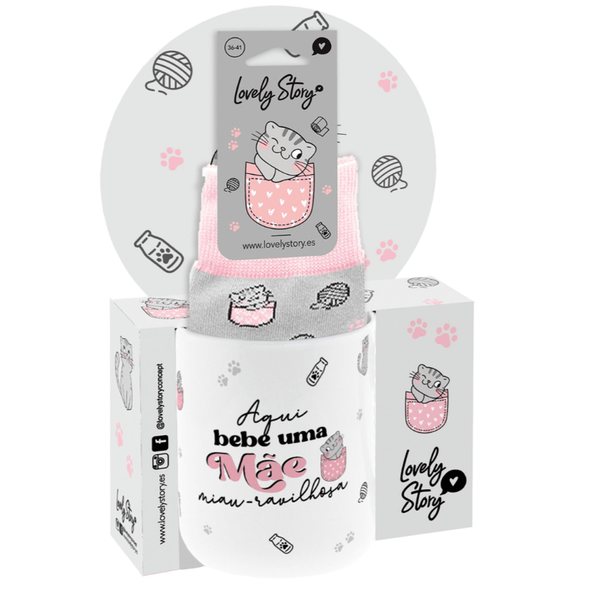 Conjunto caneca + meias - Aqui bebe uma Mãe miau-ravilhosa - Papelaria Encantada