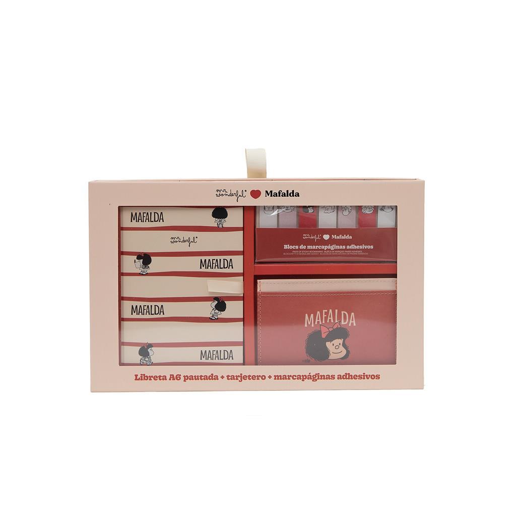 Conjunto com caderno A6 + porta - cartões + marcadores adesivos - Mafalda - Papelaria Encantada