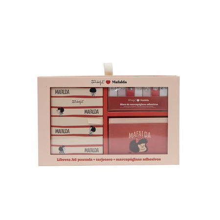 Conjunto com caderno A6 + porta - cartões + marcadores adesivos - Mafalda - Papelaria Encantada