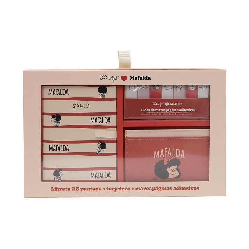 Conjunto com caderno A6 + porta - cartões + marcadores adesivos - Mafalda - Papelaria Encantada