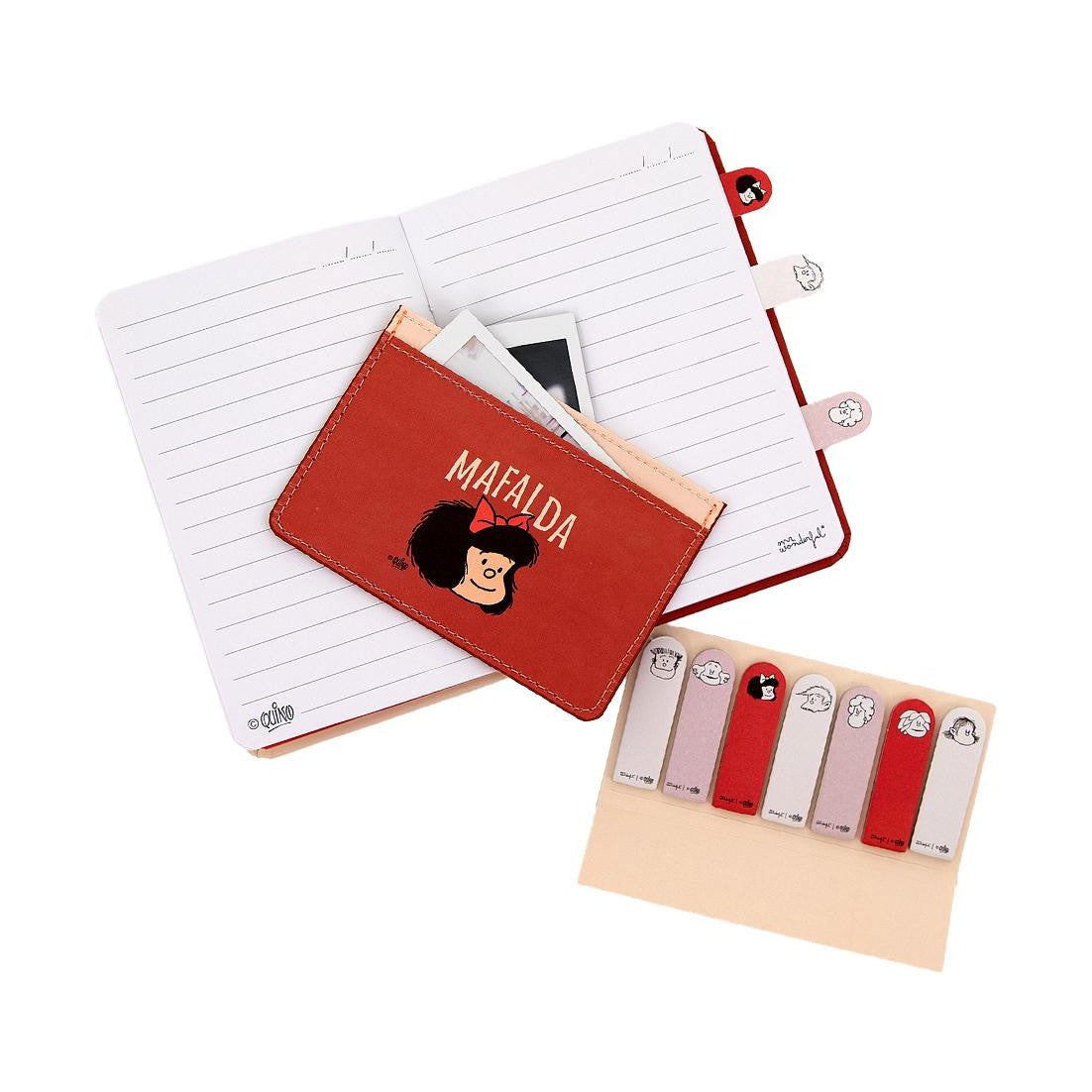 Conjunto com caderno A6 + porta - cartões + marcadores adesivos - Mafalda - Papelaria Encantada