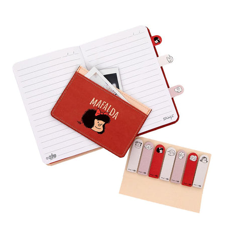 Conjunto com caderno A6 + porta - cartões + marcadores adesivos - Mafalda - Papelaria Encantada