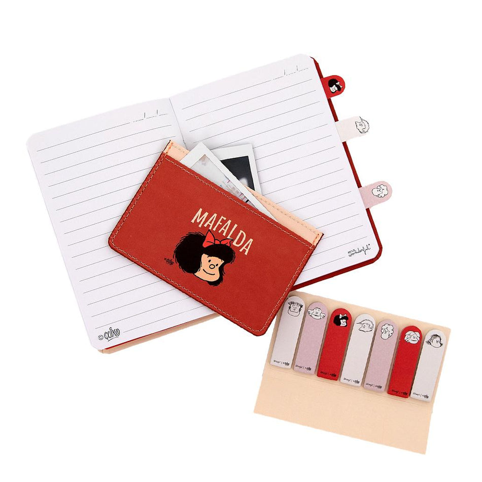 Conjunto com caderno A6 + porta - cartões + marcadores adesivos - Mafalda - Papelaria Encantada