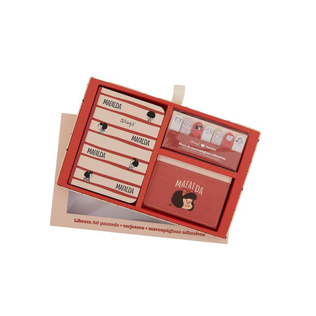 Conjunto com caderno A6 + porta - cartões + marcadores adesivos - Mafalda - Papelaria Encantada