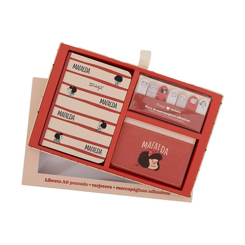 Conjunto com caderno A6 + porta - cartões + marcadores adesivos - Mafalda - Papelaria Encantada
