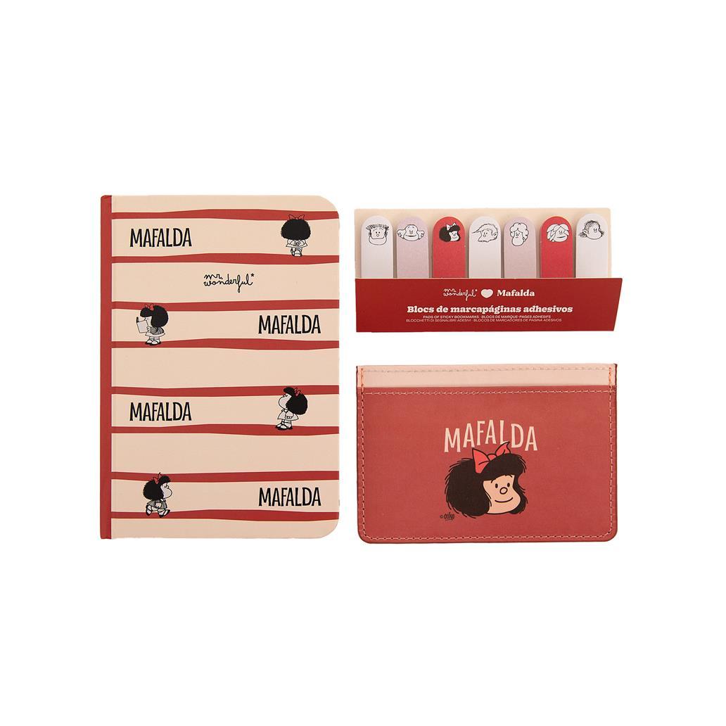 Conjunto com caderno A6 + porta - cartões + marcadores adesivos - Mafalda - Papelaria Encantada
