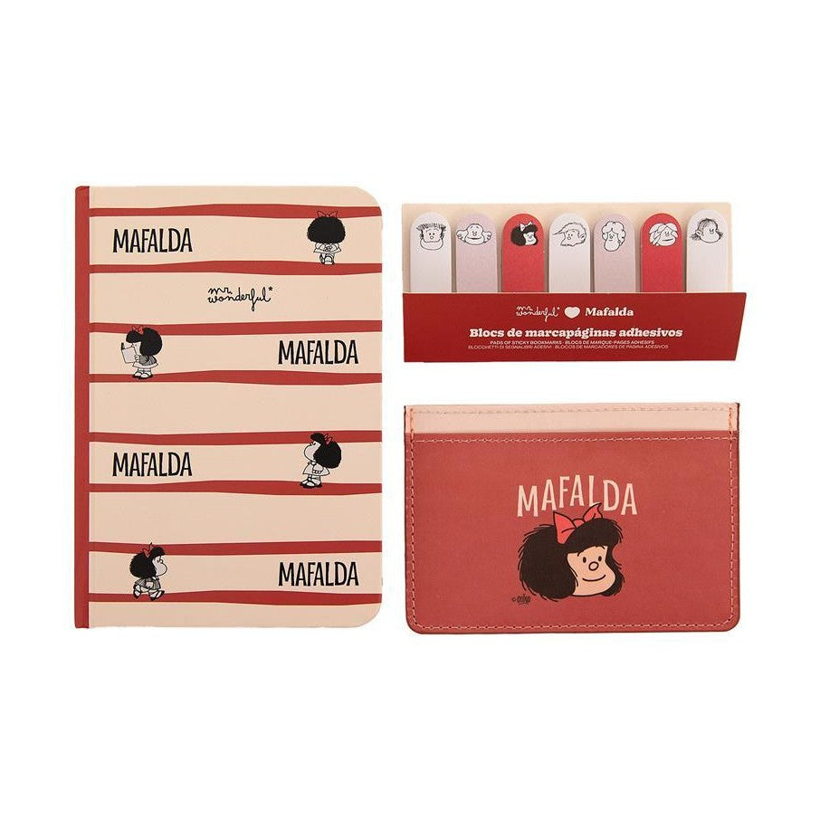 Conjunto com caderno A6 + porta - cartões + marcadores adesivos - Mafalda - Papelaria Encantada