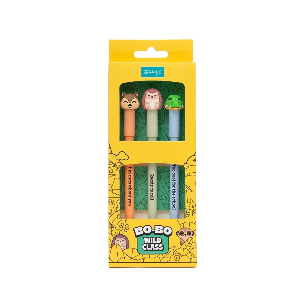Conjunto de 3 canetas apagáveis Bo-Bo - Esquilo, Ouriço e Crocodilo - Papelaria Encantada