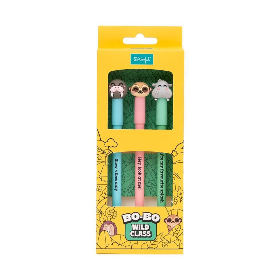 Conjunto de 3 Canetas apagáveis Bo-Bo - Morsa, Suricata e Hipopótamo - Papelaria Encantada