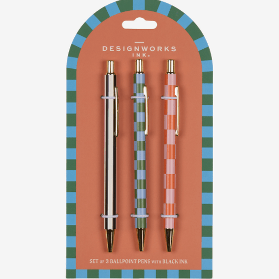 Conjunto de 3 canetas Stripes & Checks Designworks - Papelaria Encantada
