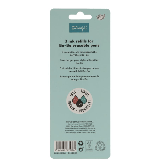 Conjunto de 3 recargas Preto, Vermelho e Verde para caneta apagável Mr Wonderful - Papelaria Encantada