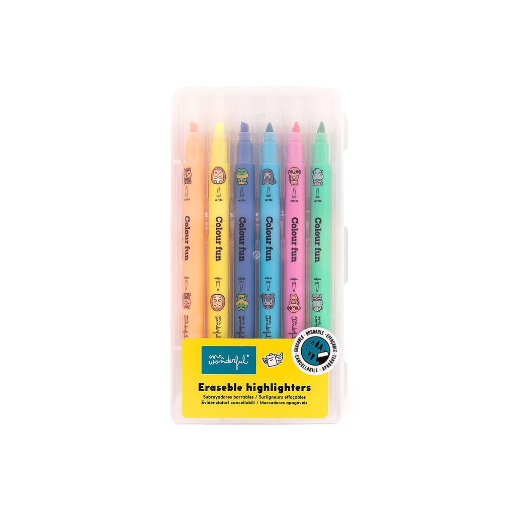 Conjunto de 6 Sublinhadores Apagáveis - Wonder Comic Mr Wonderful - Papelaria Encantada
