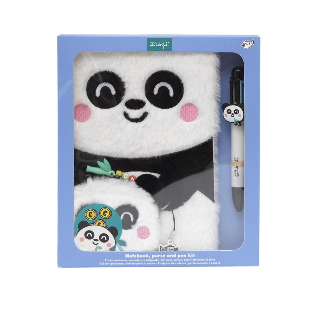 Conjunto de caderno A5 + porta - moedas + esferográfica apagável - Panda - Papelaria Encantada