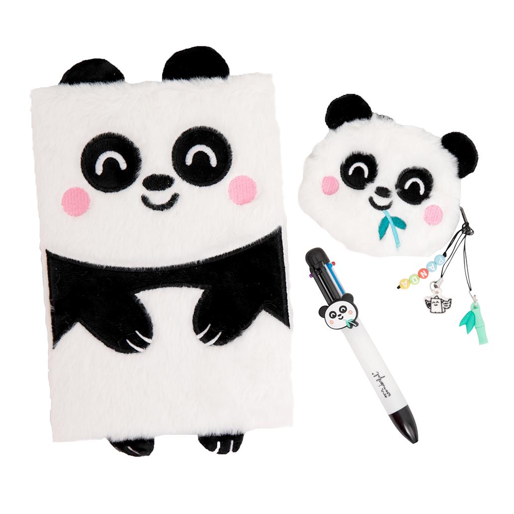 Conjunto de caderno A5 + porta - moedas + esferográfica apagável - Panda - Papelaria Encantada