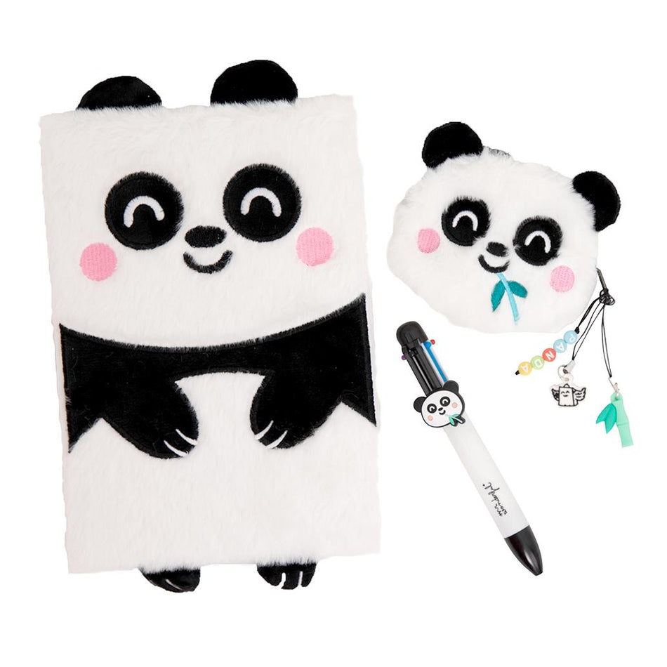 Conjunto de caderno A5 + porta - moedas + esferográfica apagável - Panda - Papelaria Encantada
