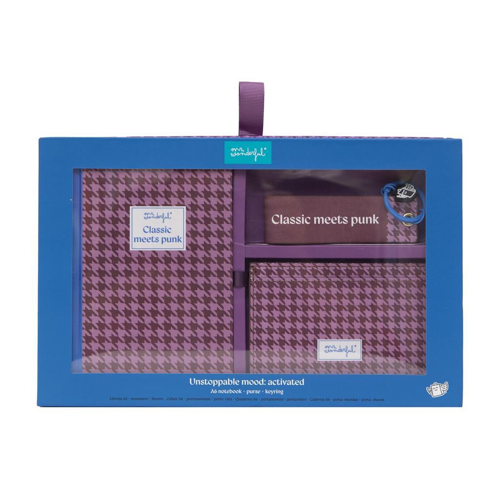 Conjunto de caderno A6 + porta - moedas + porta - chaves - Pied de poule Mr.Wonderful - Papelaria Encantada