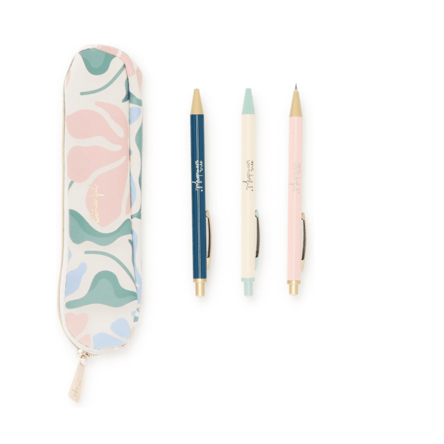 Conjunto de escrita Flower print - estojo, 2 canetas, 1 lapiseira Mr. Wonderful - Papelaria Encantada