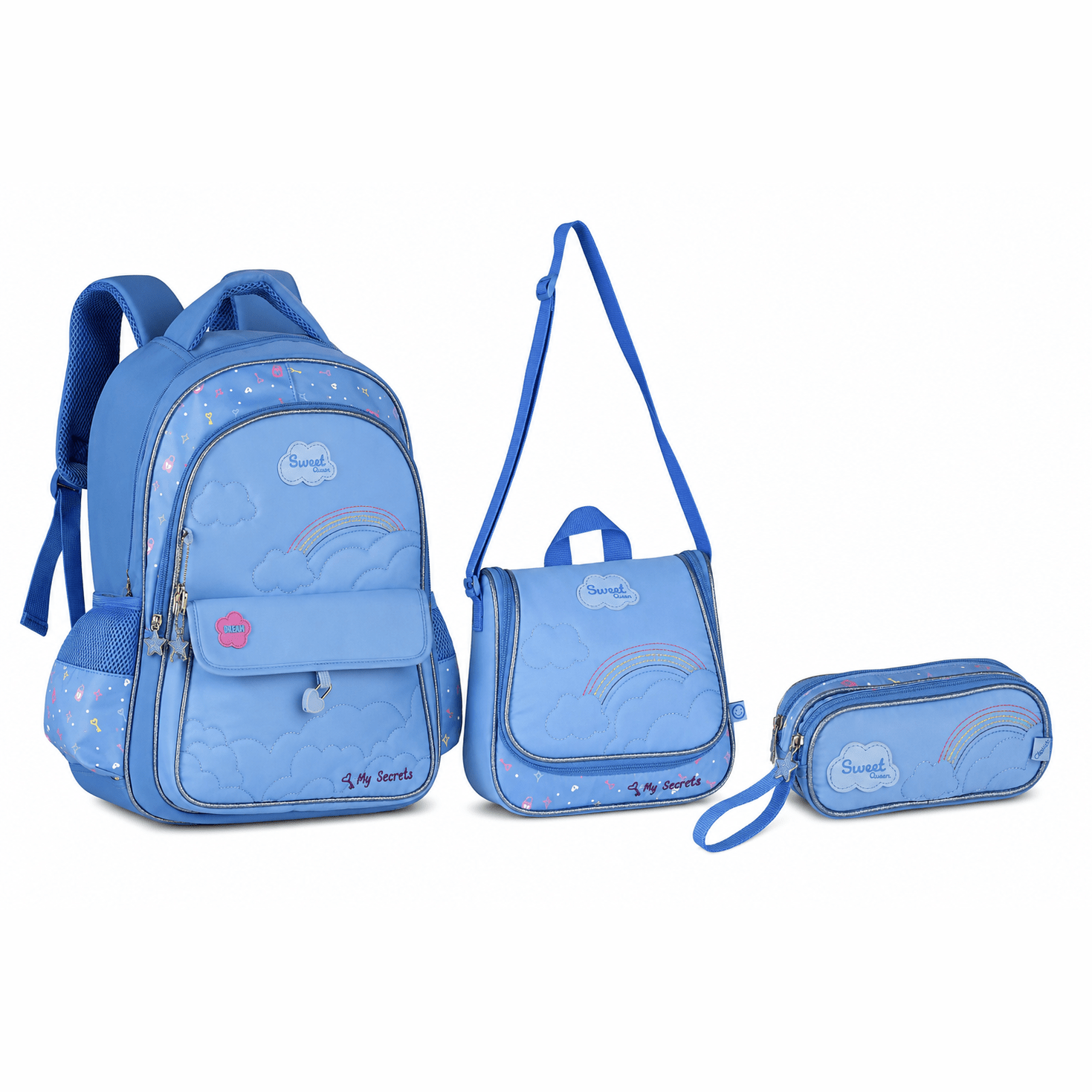 Conjunto Escolar Sweet Queen Azul Mochila+Lancheira+Estojo - Papelaria Encantada