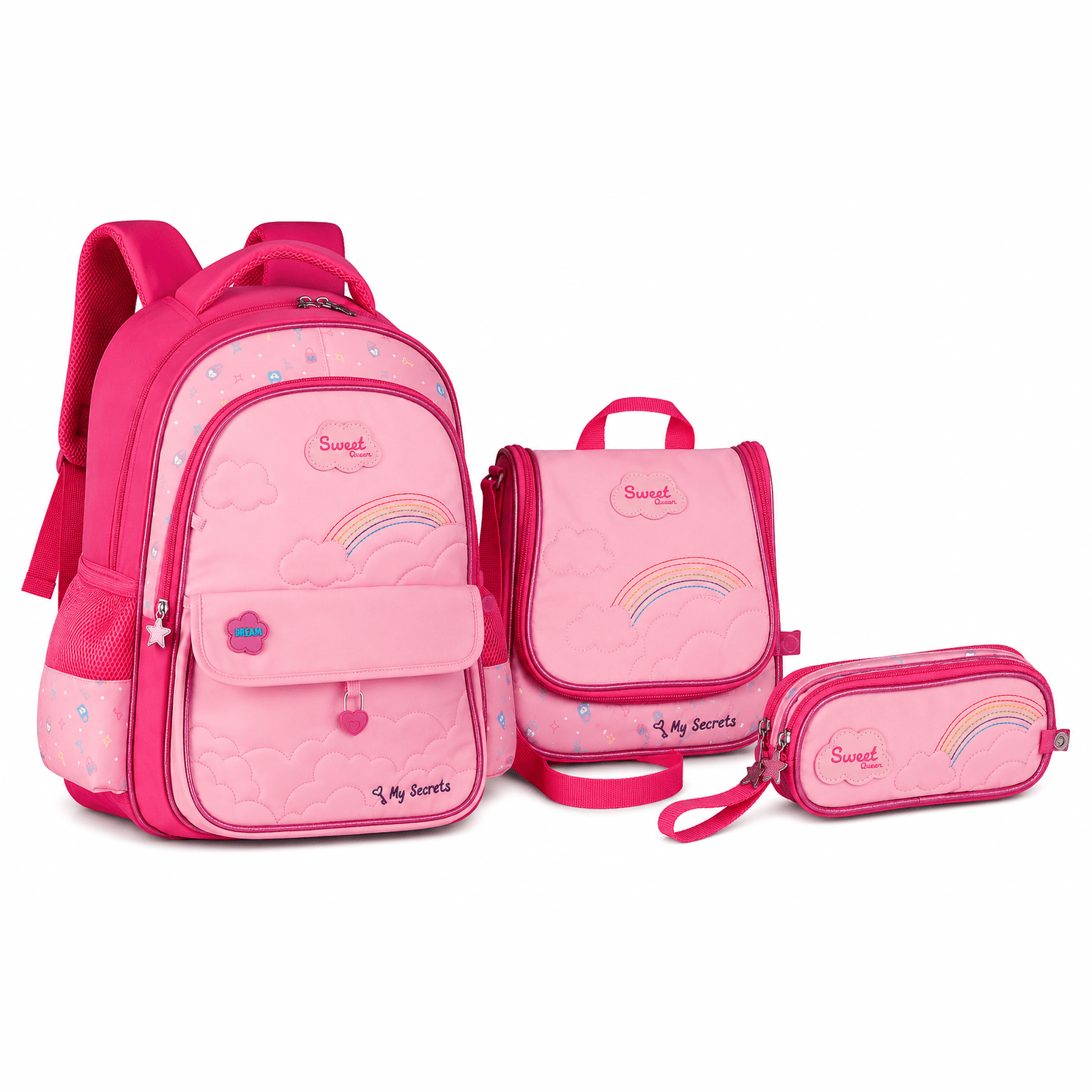 Conjunto Escolar Sweet Queen Rosa Mochila+Lancheira+Estojo - Papelaria Encantada
