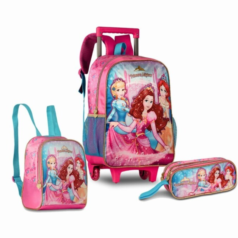 Conjunto Escolar Trolley 40cm + Lancheira + Estojo Princesas - Papelaria Encantada
