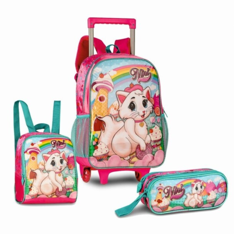 Conjunto Escolar Trolley + Lancheira + Estojo Gatinhos - Papelaria Encantada