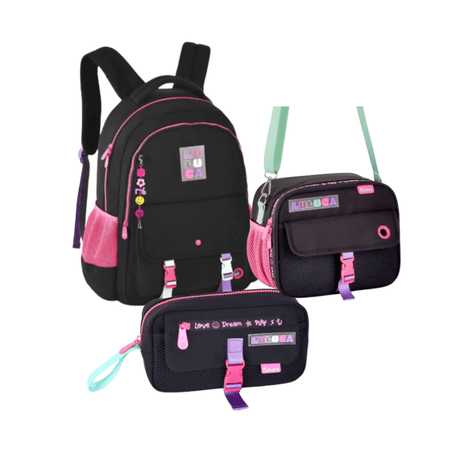 Conjunto Mochila + Lancheira + Estojo Preto Luluca - Papelaria Encantada